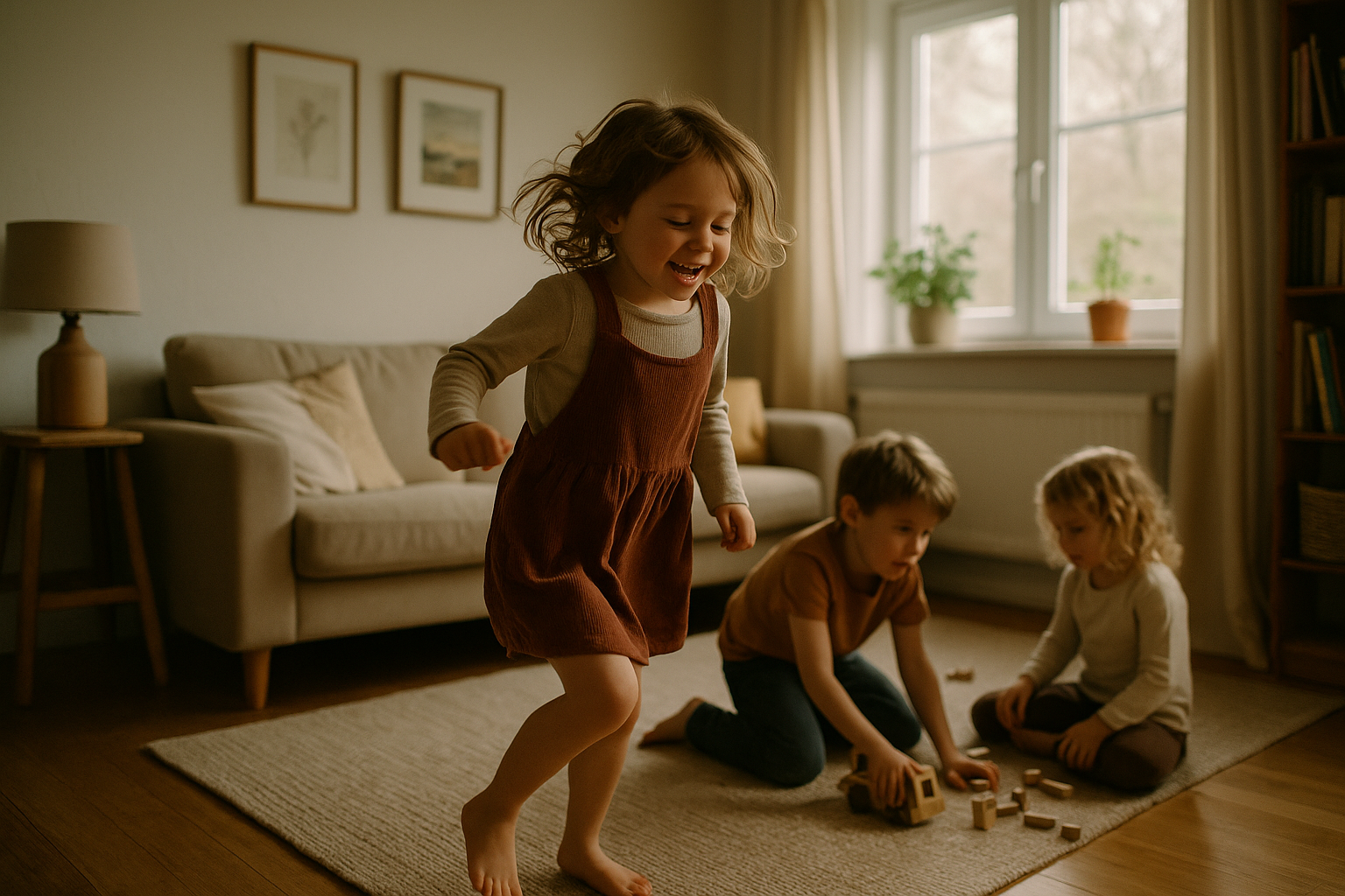 Trivsamt familjehem med barn som leker