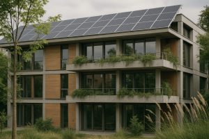 Klimatsmart byggnad med solpaneler och hållbar design.